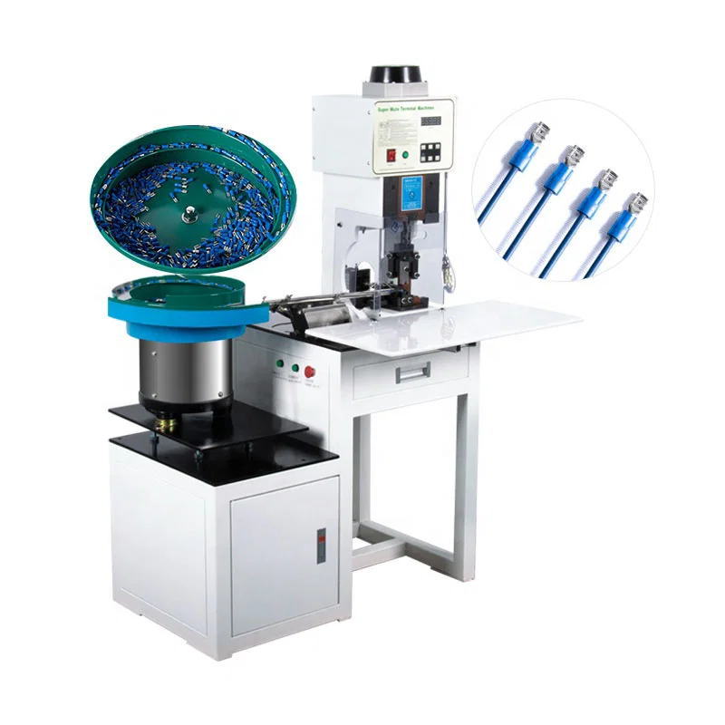 Losse klemmen krimpmachine met trilplaat toevoer, draad losse klem krimpmachine, kabelschoen krimpmachine, kunststof omhulsel terminal krimpmachine 